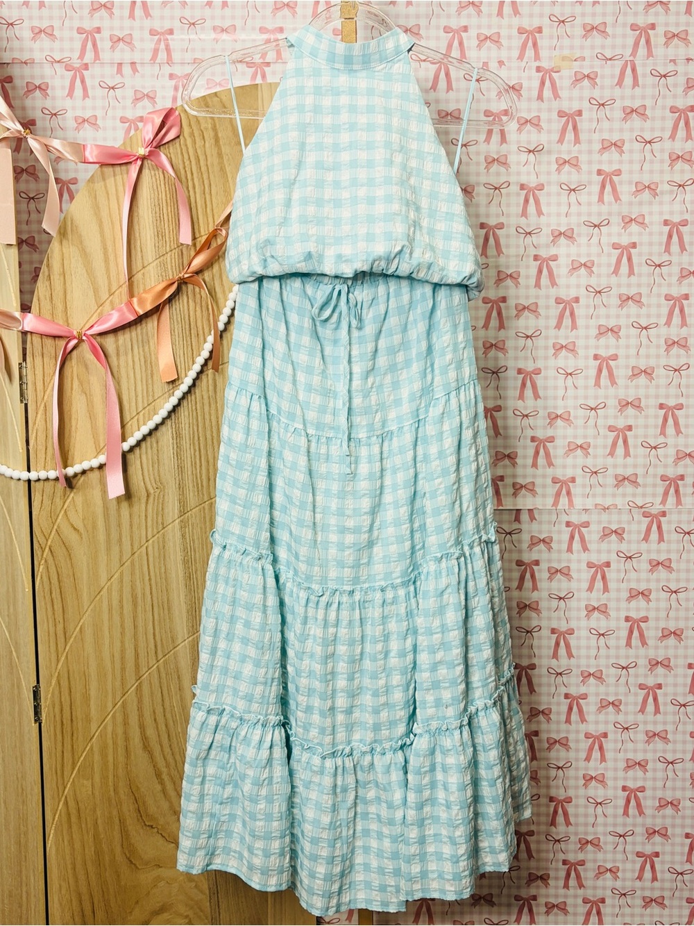 TALULAH Mint Blue Gingham Seersucker Halter & Maxi Skirt Set M Beach Coastal